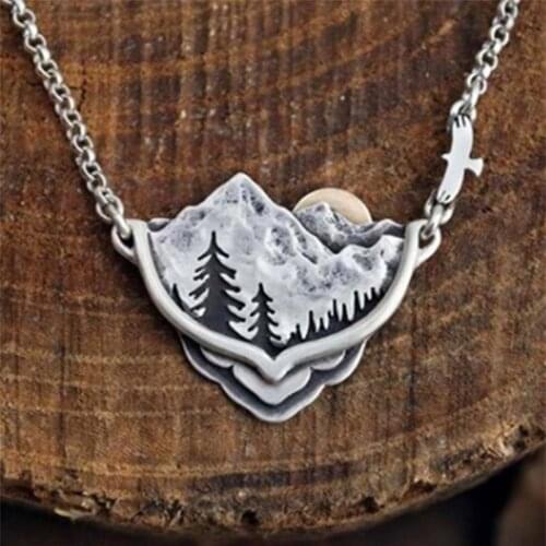 Bohemian Mountain Pine Sun Landscape Pendant Necklace Fashion Creative Mountain Necklace Womens Line Up Jewelry Gift