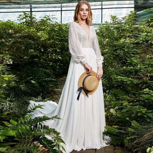 ADLN Bohemian Lace Wedding Gown vestido de fiesta de boda V-neck Chiffon Beach Bridal Dress Long Sleeves Bride Dress