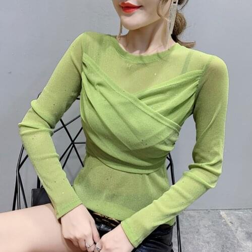 #5652 Black Blue Pink Green See Through Top Women Sexy Wrap T Shirt Women O Neck Basic Mesh T Shirts Female Thin Elegant Fashion