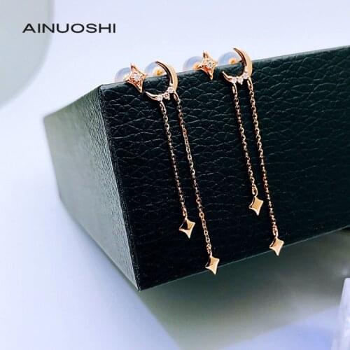 AINUOSHI 18K Gold 0.018 Carat Real Natural Diamond Drop Earrings Star Moon Dancing Earrings For Women Jewelry Birthday Gift