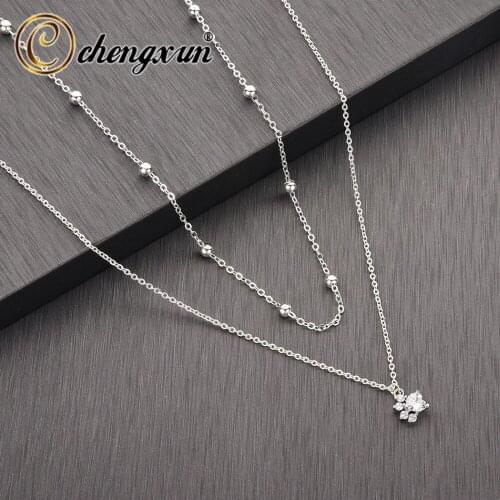 CHENGXUN Cute Dog Puppy Paw Small Beads Double Layer Necklace CZ Crystal Statement Pendant Necklace Birthday Bijoux