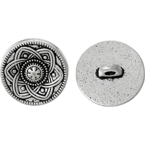 DoreenBeads Metal Shank Button Round Antique Silver color Single Hole Flower Pattern 15mm Dia,30 PCs new