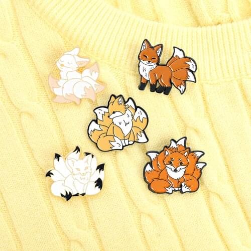 Nine Tailed Fox Enamel Pins Custom Flower Type Black And White Cute Animal Brooch Lapel Badge Bag Cartoon Jewelry Gift For Kids