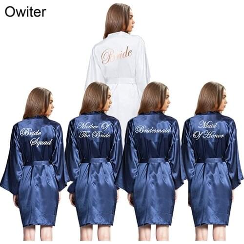 Womens Satin Robe for Brides Bridesmaids Short Silk Kimono Bathrobe Wedding Party Robes with White Printing