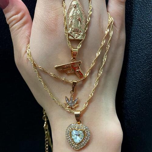 JJFOUCS Boho Trendy Gold Color Multilayer Necklace Virgin Mary Pistol Crystal Heart Pendant Necklace Women 2020 Creative Jewelry