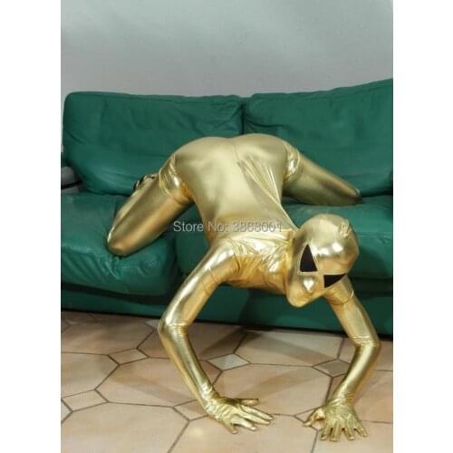 Gold colour cosplay Alien Adults Sexy Shiny Metallic full bodysuit Fancy Tights Clothing open mesh eyes