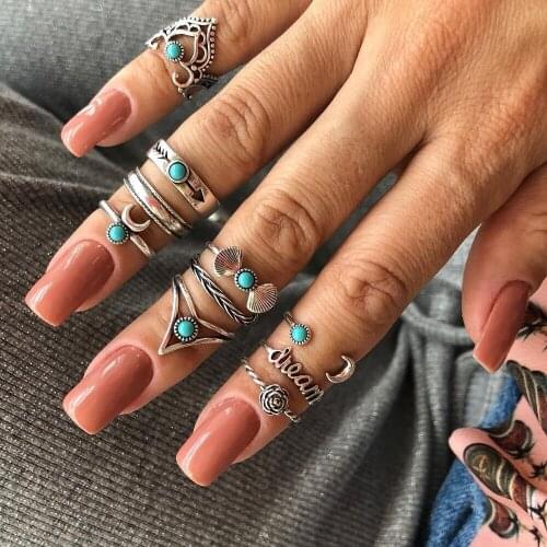 Pack of 10 vintage knuckle rings with crown/flower/shell /crescent/arrow embossed and inlaid faux stone design
