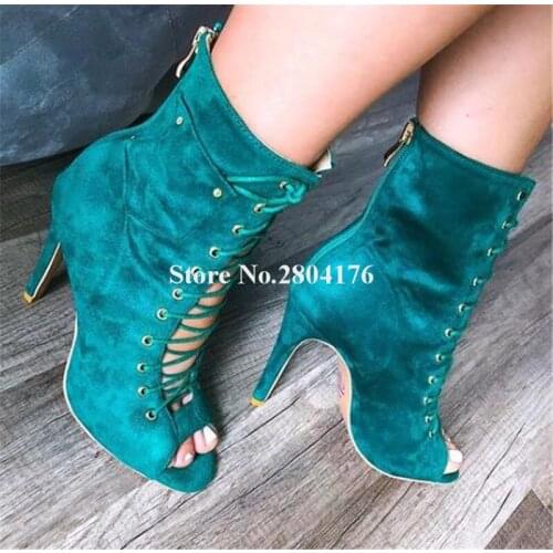 New Fashion Women Peep Toe Suede Leather Stiletto Heel Short Gladiator Boots Blue Lace-up High Heel Ankle Booties Dress Shoes