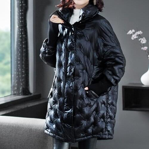 New style 2019 down jacket medium and long style light thin female clothes winter collar all match pure color lady down jacket