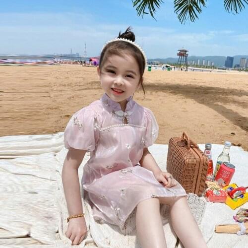 Girls clothes dresses fashion embroidered beaded cheongsam Chinese folk customs leisure vacation Beibei Quality childre clothing