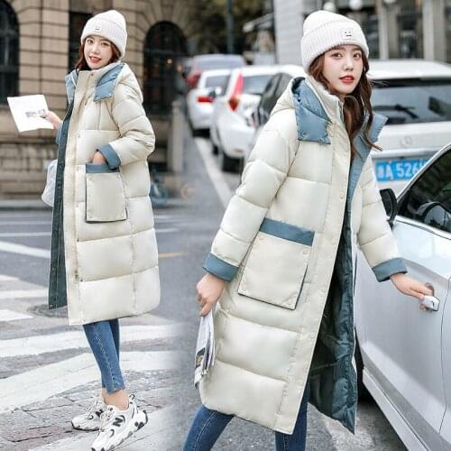 Thicken Hooded Parka Warm Winter Jacket Womens 2021 New Stitching Cotton Padded Loose Coat Windproof Female Long Snow Outwear