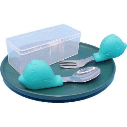 Baby Eat Training Fork Spoon Children Cartoon Silicone Short Spoon Fork 304 Stainless Steel Baby Solid Food Tableware BabyThings