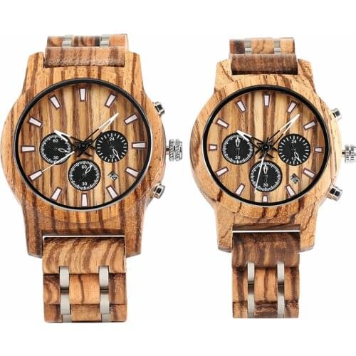 Luxury Chronograph Dial Wood Watch for Couple Wood + Stainless Steel Bangle Lover Quartz Wristwatch Folding Clasp