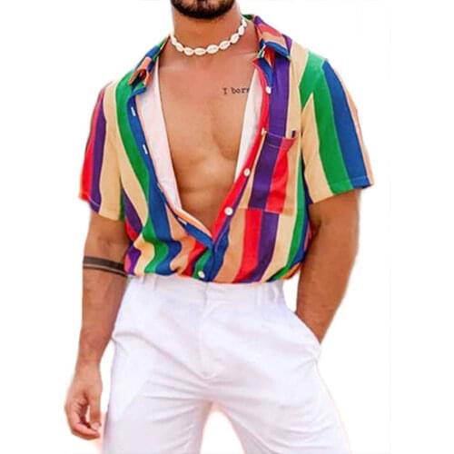Fashion Rainbow Striped Shirt Mens Casual Loose Rainbow Striped Beach Print Short Sleeve Shirt 2021 Summer Mens Clothing