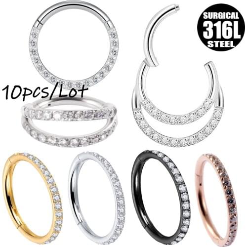 10PCS/Lot Surgical Steel Clear Zircon Earring Hoop Rock Hinged CZ Segment Clicker Ear Cartilage Nose Ring Piercing Wholesale