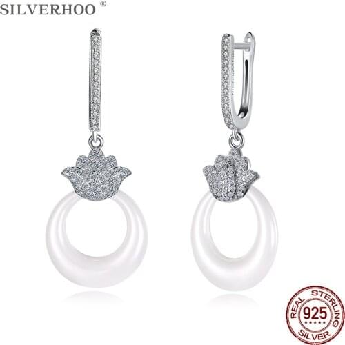 SILVERHOO Sterling Silver 925 Jewelry Round Ceramics Earrings Dangle For Women Lotus Flower Full Cubic Zirconia Drop Earring