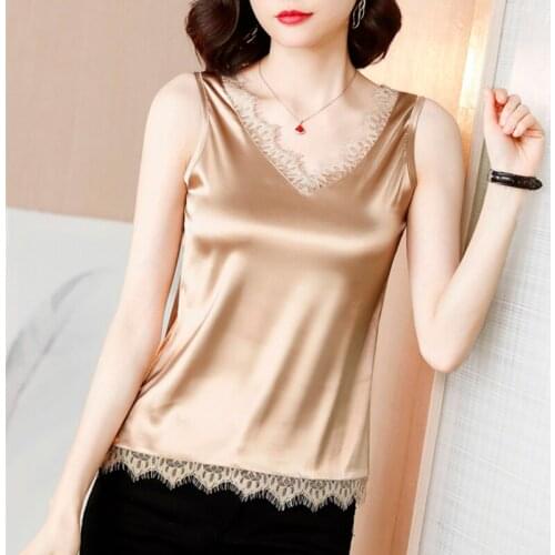 Korean Fashion Silk Tank Top Women Satin Office Lady Tank Top Lace Solid Loose Clothing for Women