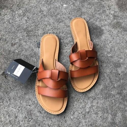 Soft Leather Surround Flat with Open Toe Casual Slides Non-slip Womens Slippers Outside Beach Solid Color Cool Shoes for Summer