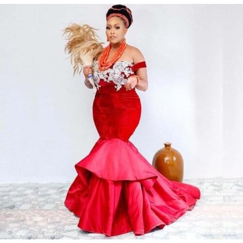 Dark Red Aso Ebi Prom Dresses Off Shoulder Mermaid Evening Dress Tiered Velour Appliques Plus Size Dubai African Party Vestidos