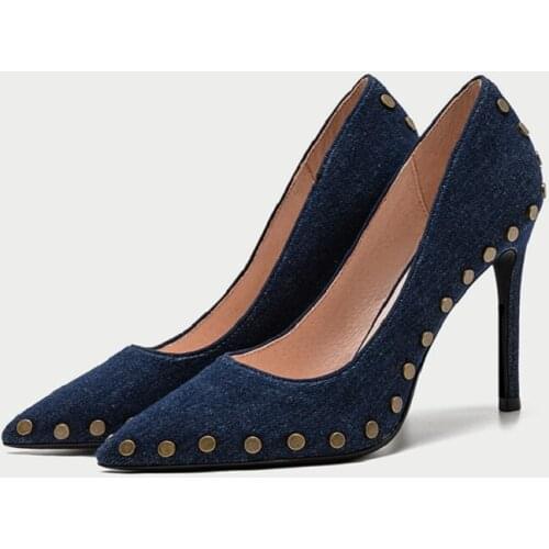 Spring rivet pointed stiletto high-heeled large size small size all-match work shoes low-heeled party dress womens shoes