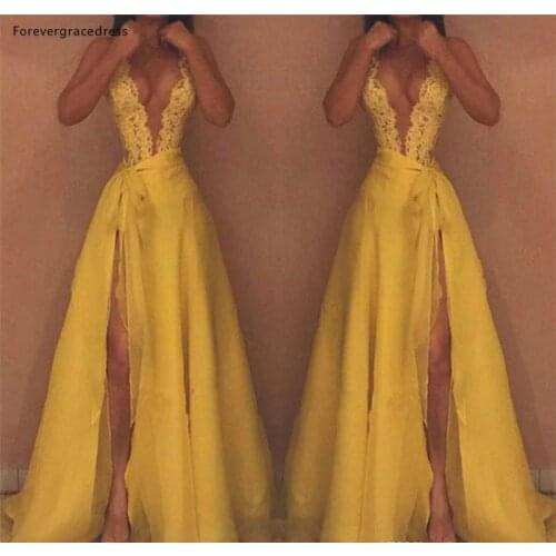 High Quality Yellow Evening Dresses Deep V Neck Lace Red Carpet Formal Holiday Wear Celebrity Party Gowns Plus Size Custom Made