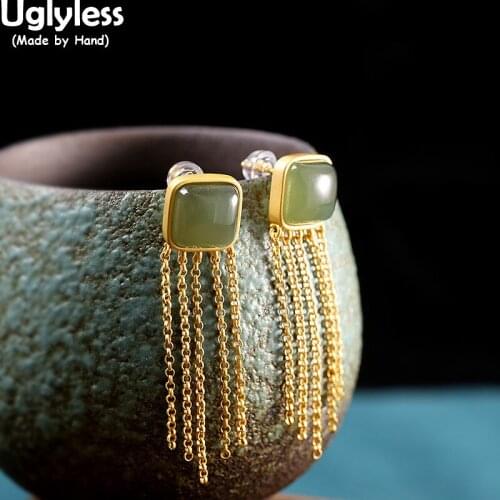 Uglyless New Summer Fashion Multi Chains Tassel Earrings for Women Square Gemstones Jade Earrings 925 Silver Brincos Bijoux Gems