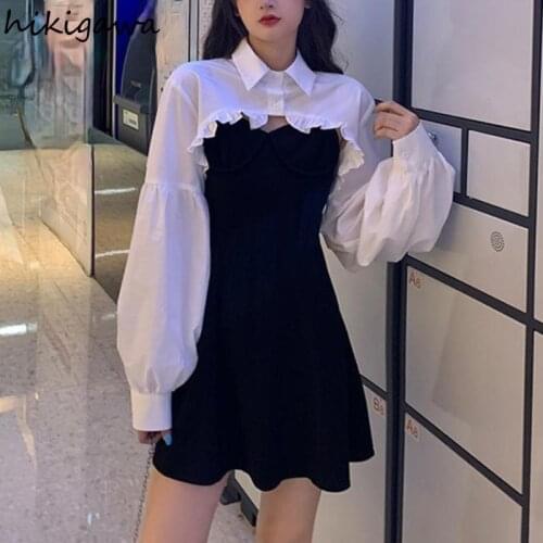 Hikigawa Women Clothing Sets Lantern Sleeve Short Loose Shirts with Black Solid 2021 Korean Fashion Womens Dress Two Piece Suit