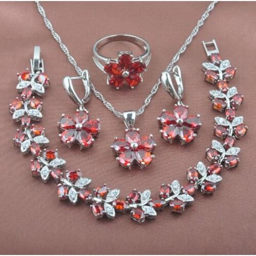 Womens Silver Color Crystal Jewelry Sets 2020 New Red Garnet Flower Bracelet Necklace And Earrings Ring Set YZ0251