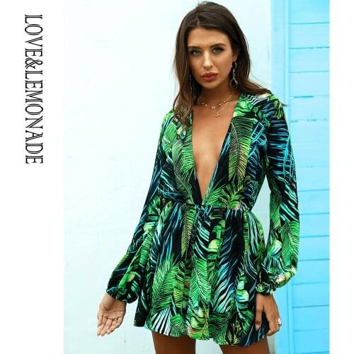 LOVE&LEMONADE Sexy Black Leaf Print Deep V-Neck Long Sleeve Summer Beach Playsuit LM80428MINI