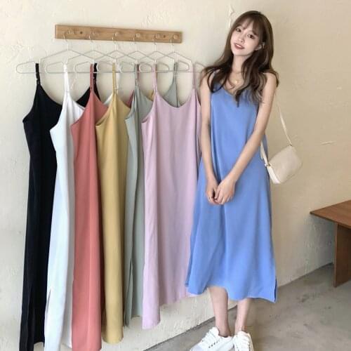 2021 Korean Style Summer Women Dress Sleeveless Braces Loose External Wear Base Skirt Mid-Length Suspender Dress Night Skirt