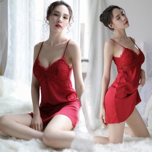 Women Sexy Lingerie Wiht Built in Bra Satin Lace Sling Sleepwear Nightdress Robe Backless Nightwear Black Red Sleeping Dress