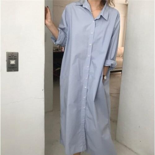 2021 New Spring Long-Sleeved Women Loose Blue Shirt Dress Women Casual Sexy Split Dresses