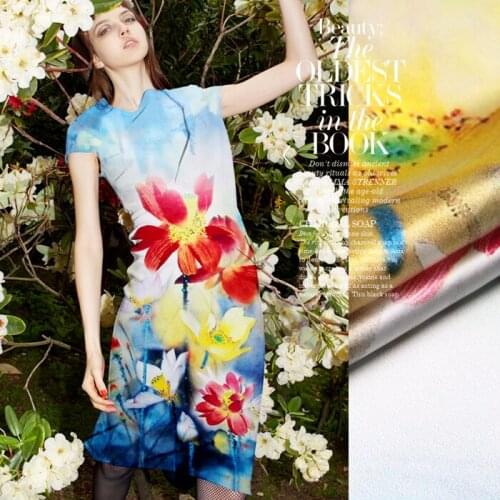 118*110cm 19mm 93% silk & 7% spandex red and yellow lotus print silk satin fabric for dress shirt clothes cheongsam D292