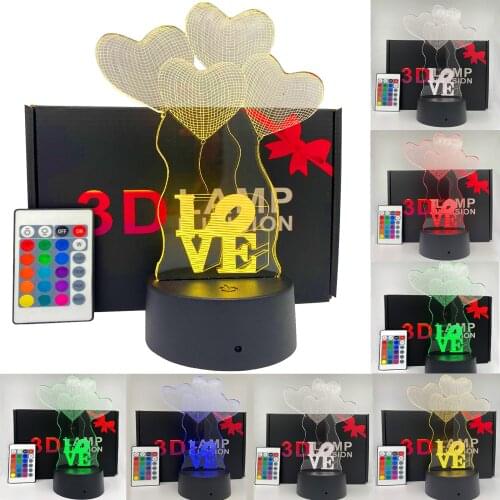 3D LED Illusion Lamp Light, Love Heart Night Light Lamp 16 Colors Change with Remote,Valentines Day Present/Birthday/Room/Party