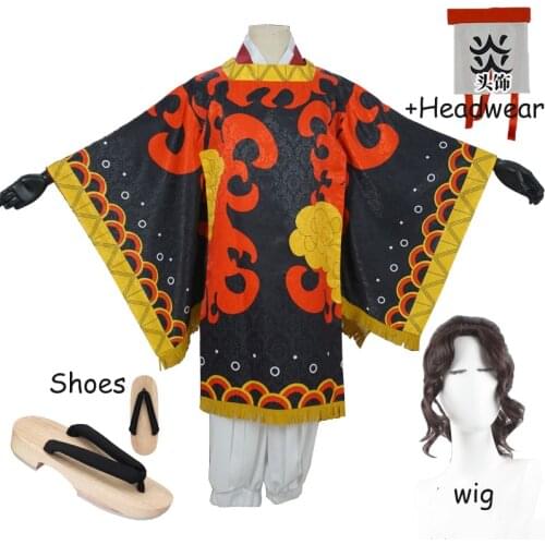 Anime! Demon Slayer: Kimetsu no Yaiba Kamado Tanjuro Dance of Fire God Kimono Uniform Cosplay Costume Halloween Wigs and shoes