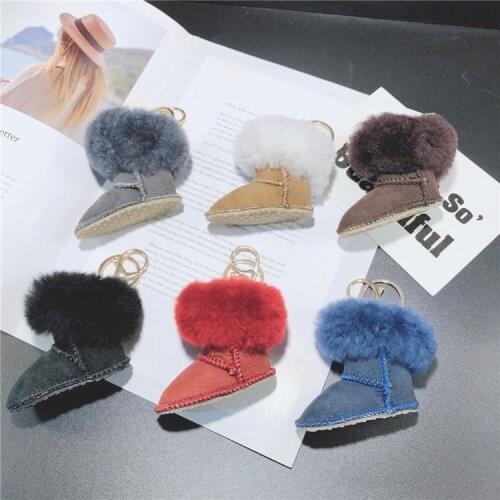 Kawaii Fur Keychains Natural Real Fur With Leather Mini Boots For Girls Bag Holder Ornaments Car Keyrings Accessories Chains