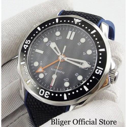BLIGER 41mm Sapphire Glass Auto Date GMT Function Rubber Strap Black Dial SSilver Case