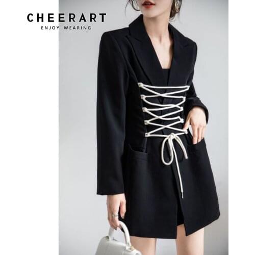 CHEERART Designer Bandage Black Blazer Women Coats And Jackets Women 2021 Fashion Long Female Blazer Fall Suit Jackets Clothing