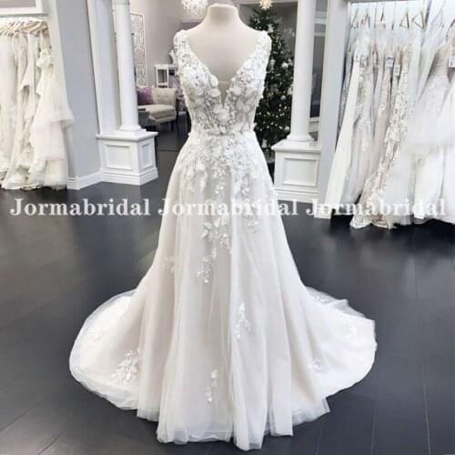 Customized Sleeveless Wedding Dresses Boho 3D Floral Appliques V-Neck Illusion Bodice White Tulle Bridal Dress Kobieta Sukienka