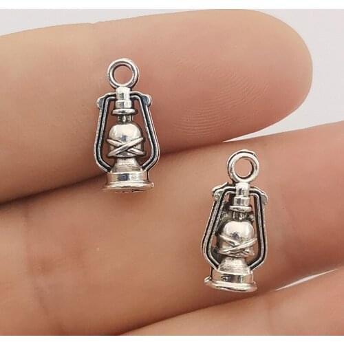 JINDINSP 10pcs Charms Lantern Kerosene Lamp 16x8mm Antique Silver Color Pendant Lantern Kerosene Lamp Charms Jewelry Findings