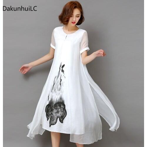 Beautiful !! High Quality 2021 New Spring Summer Women Work Wear Ink Print Retro Cotton Linen Designs Casual Dresses Slim White