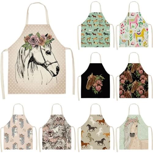 Horse Kitchen Sleeveless Aprons For Women Cotton Linen Bibs Household Cleaning Pinafore Home Cooking Apron TCWQ02