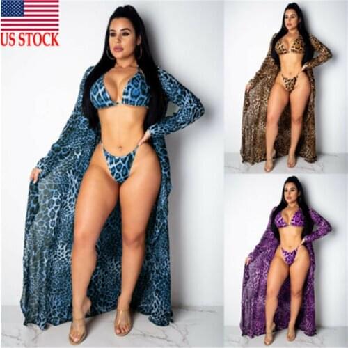 US Womens 3PCS Sexy Bikini Set Floral Swimsuits Underwear with Leopard Cover up