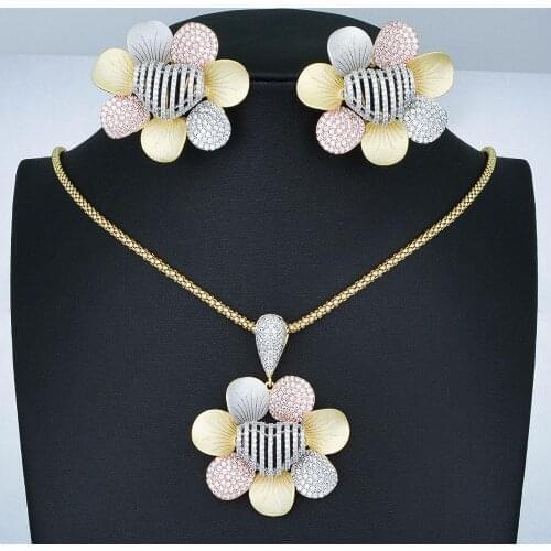 Newness new arrive Flower Floral Fashion Luxury Super AAA Cubic Zirconia Indian Women Engagement Necklace Earring Jewelry Set