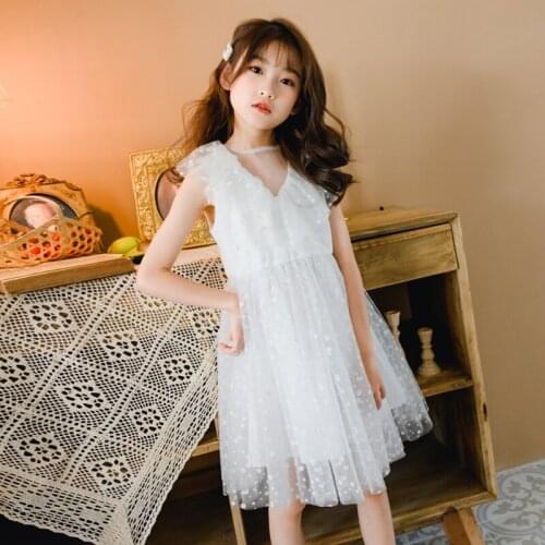 New Arrival 2020 Summer Kids and Teenager Girls Cute Mesh Dress Sweet Princess Dresses Children V-neck Party Clothing, #8788