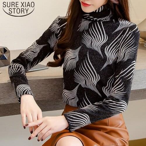 Autumn 2021 Fashion Winter Warm Long Sleeve Korean Women Blouse and Tops Print Turtleneck Ladies Tops Plus Velvet Shirts 7720 50