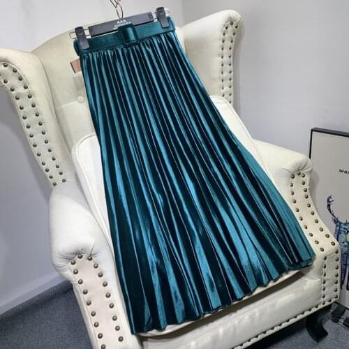 Autumn Winter Velvet Pleated Skirts with Belted New 2021 High Waist Solid Womens Skirts Fashionable Chic Long Skirts Female