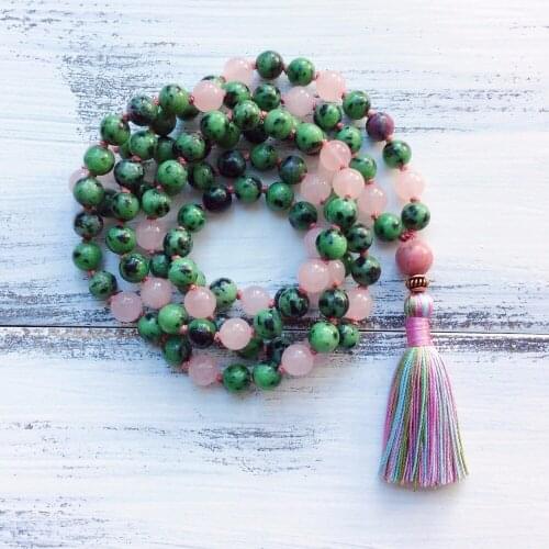 RoseQuartz Necklace 108 Mala Bead Necklace Yoga Jewelry Buddhist Prayer Meditation Mala Bead Necklaces Tassel Knotted Necklaces