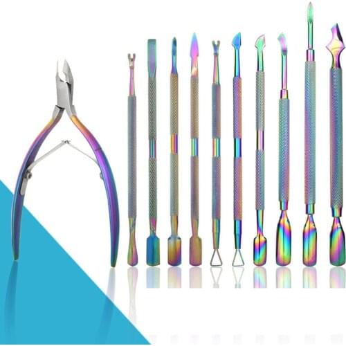 Rainbow Stainless Steel Nail Cuticle Pusher Tweezer Nail Art Files UV Gel Polish Remove Manicure Care Groove Clean Tool