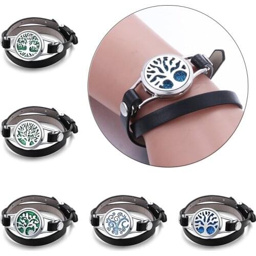 Tree of Life Aromatherapy Bracelet Adjustable Genuine Leather Wristband Stainless Steel Essential Oil Diffuser Perfume Locket